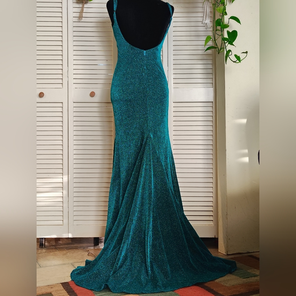 Stunning Teal Glitter Prom Dress with High Slit Size 4 – Like New - Picture 3 of 15